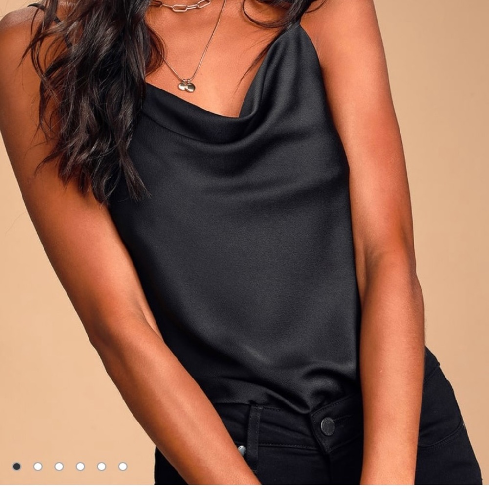 Black satin sleeveless cowl neck bodysuit
